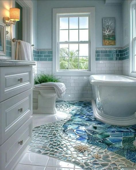 Island Theme Bathroom, Pool Bathroom Tile Ideas, Coastal Bathroom Floor Tile, Bathroom Floor And Wall Tile Ideas, Bathroom Sea Theme, Sea Green Bathroom, Interesting Bathrooms, Sea Bathroom Ideas, Coastal Theme Bathroom