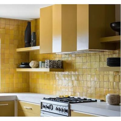 Wall Tiles - Bed Bath & Beyond Mustard Splashback Kitchen, Yellow Backsplash Kitchen, Yellow Tile Backsplash, Yellow Kitchen Backsplash, Zelig Tiles, Moroccan Tile Kitchen, Yellow Kitchen Tiles, Eichler Kitchen, Adu Kitchen