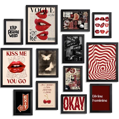 Girly Grunge Decor, Dark Room Wall Decor, Bedroom Decor Art Deco, Poster Wall Set Up, Dark And Moody Wall Art, Cool Girl Room Decor, Red Room Decor Aesthetic, Dark Retro Aesthetic, Wall Collage Frames