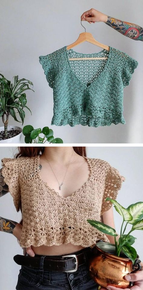 Crochet Top Patterns For Beginners, Easy Crochet Top, Modern Haken, Crochet Crop Top Pattern, Mode Crochet, Crochet Ladies Tops, Crochet Tops Free Patterns, Diy Vetement, Trendy Crochet