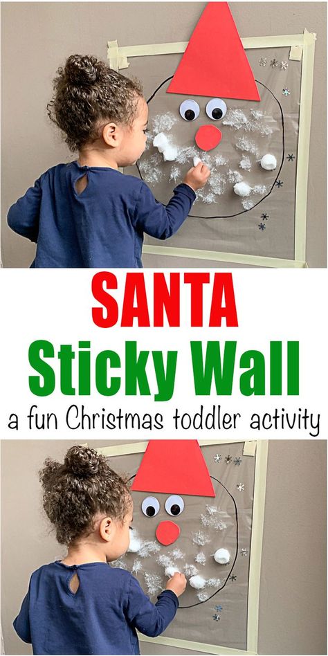 Santa Sticky Wall Toddler Activity - HAPPY TODDLER PLAYTIME Create an adorable Santa Claus sticky wall using contact paper and cotton balls! It is a fabulous idea for a fun toddler or preschooler play date activity during the holidays! #christmascrafts #christmascraftsforkids #kidscrafts Christmas Themed Toddler Activities, Christmas Party Activities For Toddlers, Santa Toddler Craft, Santa Claus Preschool Crafts, Contact Paper Christmas Crafts, Christmas Activities For 10 Month Old, Toddler Santa Craft, Toddler Xmas Activities, Preschool Santa Activities