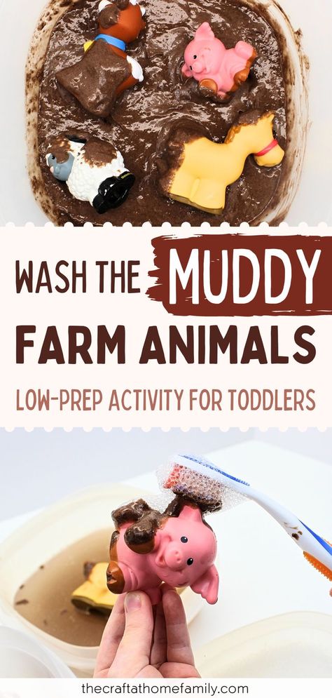 Need an easy activity idea to entertain your toddler or preschooler? This “wash the muddy farm animals” sensory bin is simple, inexpensive and SO fun to play with. Quickly whip up some edible mud and your kids will be playing in under 5 minutes—perfect for busy days where you need time to get things done! Find out how to easily set up a farm animal washing station for your child at home. This farm animal sensory bin is great for keeping kids busy, and would make a good addition to a farm unit! Farm Day At School, Under 2s Activities, Farm Day Activities Preschool, Farm Tuff Tray Ideas Preschool, Mud Day Activities Preschool, Farm Day Preschool, Old Macdonald Had A Farm Activities, Farm Animals Sensory Bin, Farm Animal Sensory Bin