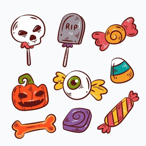 Hand drawn halloween candy collection Fr... | Free Vector #Freepik #freevector #halloween #hand #hand-drawn #celebration Halloween Candy Doodles, Halloween Candy Painting, Halloween Candy Clipart, Halloween Candy Illustration, How To Draw Candy, Halloween Cute Art, Cute Candy Drawing, Candies Drawing, Halloween Candy Drawing