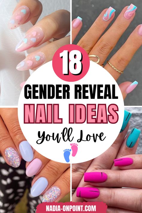 Baby Shower Nail Ideas, Party Nail Ideas, Gender Reveal Simple, Maternity Nails, Gender Reveal Nails, Baby Shower Nails, Simple Gender Reveal, Pride Nails, Girls Nail Designs