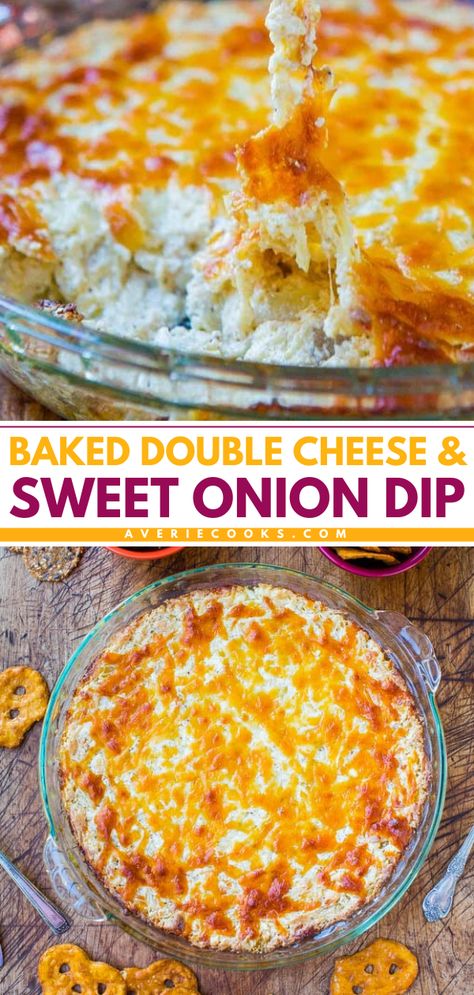 Your party snack ideas must have this double cheese and sweet onion dip! Everyone will love this easy appetizer dip. Baked to creamy, cheesy perfection, this hot onion dip is addictive! So, get some cream cheese and Vidalia onions ready for this game day recipe! Four Onion Dip, Cheese And Onion Dip, Hot Onion Cheese Dip, Hot Onion Souffle Dip, Bloomin Onion Dip, Onion Mayo Cheese Dip, Cheesy Onion Dip, Savory Party Dips, Different Dip Recipes