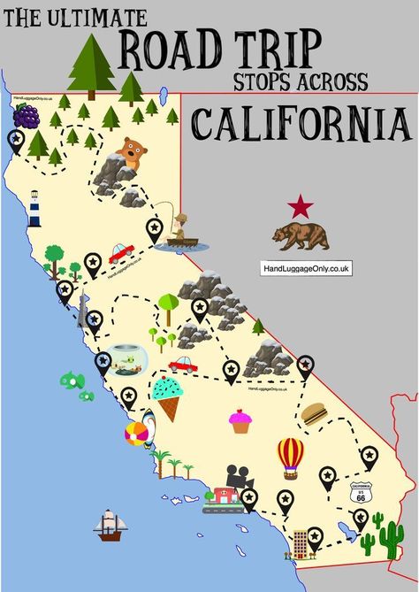 The Ultimate Road Trip Map Of Places To See In California #california #roadtrip #tips Places To Visit In California, Road Trip Stops, California Roadtrip, Ultimate Road Trip, Road Trip Map, Camping Places, West Coast Road Trip, California Vacation, Us Road Trip