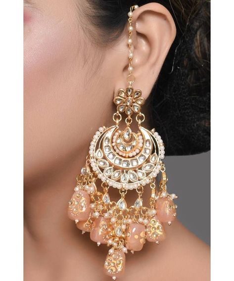 Peach Kundan Chandbali Earrings for Wedding Look Indian Jewellery Set, Kundan Chandbali, Desi Jewelry, Pakistani Earrings, Diy Earrings Easy, Peach Jewelry, Indian Jewelry Earrings, Peach Earrings, Golden Pearl