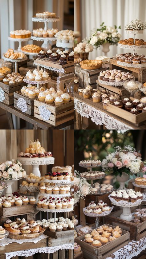 A rustic wedding dessert table beautifully decorated with vintage elements, including wooden crates, lace doilies, and an assortment of delicious treats like cupcakes, pies, and cookies. Wedding Ideas Dessert Tables, Tuscan Wedding Dessert Table, Cupcakes Table Decoration, Glam Dessert Table Ideas, Sweets Table Ideas Wedding, Winter Wedding Dessert Table Ideas, Fall Wedding Treat Table, Farmhouse Dessert Table Ideas, October Wedding Dessert Table