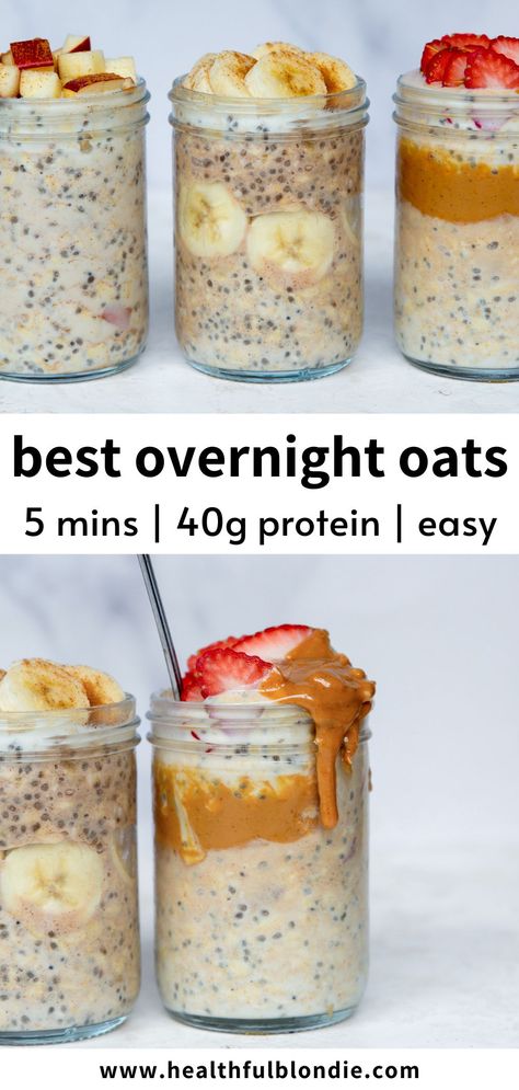 This high-protein overnight oats recipe has over 40 grams of protein per serving! Use any protein powder and choose from over 10 variations, including PB&J, apple pie, and banana bread—the perfect 5-minute healthy meal prep breakfast or snack. Overnight Oats Low Calorie High Protein, 40 Grams Protein Meals, Healthy Breakfast Meal Prep Protein, Healthy Breakfast Recipes Easy Meal Prep, Healthy Lunch And Breakfast Ideas, Protein Breakfast On The Go, Holistic Nutrition Meals, Healthy Protein Overnight Oats, Healthy Breakfast Dairy Free