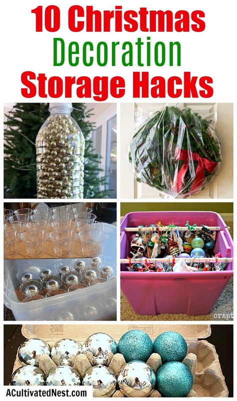 Ornament Organization Diy, Christmas Decor Organization Ideas, Christmas Storage Hacks, Organizing Christmas Decorations Storage, Wreath Storage Ideas, Christmas Organization Ideas, Christmas Decor Organization, Christmas Decoration Storage Ideas, Ornament Organization