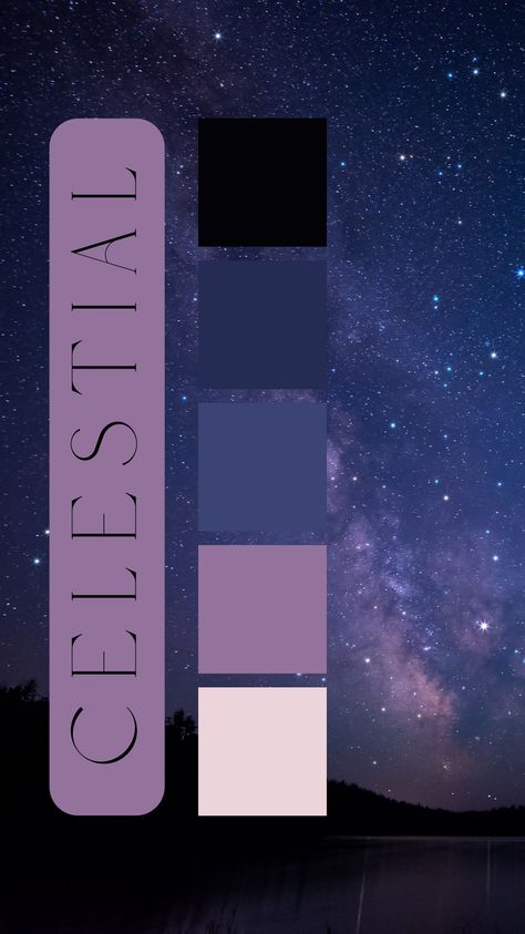 Celestial Color Palette by Felicity & Lilac Events Navy Blue Purple Color Palette, Psychic Color Palette, Night Garden Color Palette, Full Moon Color Palette, Celestial Wedding Color Schemes, Space Aesthetic Color Palette, Celestial Color Scheme, Violet Color Palette Colour Schemes, Celestial Paint Color