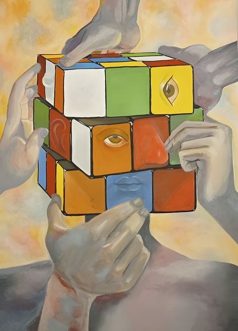 Rubik Cube Art, Rubix Cube Drawing, Rubix Cube Art, Rubiks Cube Art, Time Illustration, Surealism Art, Gcse Art Sketchbook, Rubix Cube, Surrealism Painting