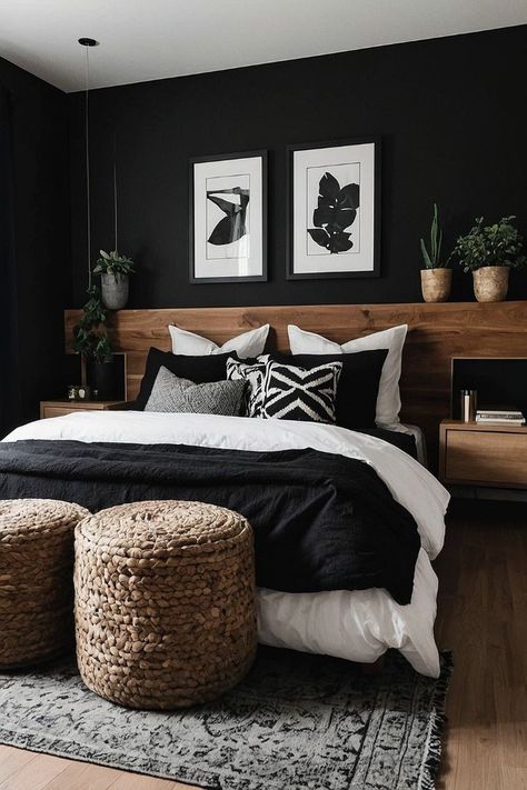 Simple Dark Bedroom Ideas, Black Wall Wood Headboard, Black Bedroom With Wallpaper, Bedroom Wood And Black, Black And Timber Bedroom, Black Decor For Bedroom, Master Bedrooms Decor With Black Bed, Black Feature Wall Bedroom Room Ideas, Black Walls With Curtains