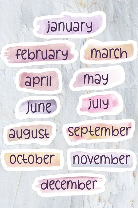 Months of the Year - Pastel Watercolor Headers - Stickers March Stickers, Bridgerton Stickers, Months Stickers, Calligraphy Journaling, Concert Scrapbook, Pink Classroom, Planner Monthly Layout, Sticker Images, Planner Themes