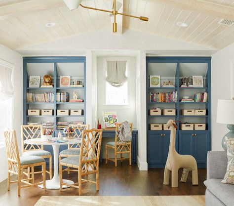 Playroom Tv Room, Tori Rubinson, Playroom Tv, Anew Gray, Colonial Cottage, Stiffkey Blue, Playroom Design, Built In Desk, Tv Room