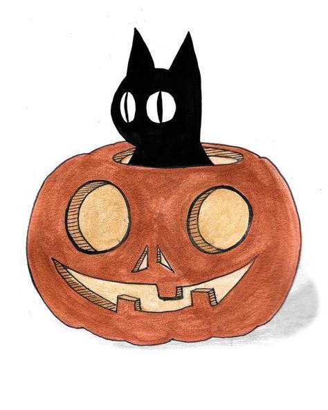 Black Cat Cartoon Drawing, Halloween Cat Doodle, Black Cat Halloween Drawing, Carved Pumpkin Drawing, Drawings Ideas Halloween, Sketch Book Halloween, Halowen Drawing, October Aesthetic Drawing, Cat Halloween Painting