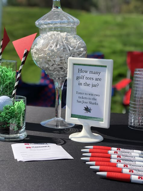 Golf Team Homecoming Float, Golf Scramble Fundraiser Gift Ideas, Corporate Golf Day Ideas Events, Golf Tournament Sponsor Table, Golf Fundraiser Centerpieces, Golf Tournament Silent Auction Items, Golf Tournament Table Centerpieces, Golf Tees Ideas, Golf Tournament Giveaway Ideas