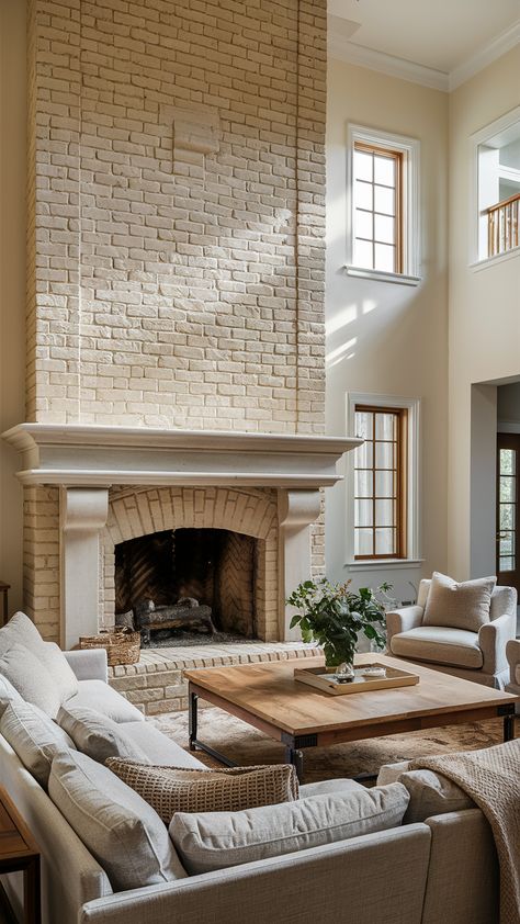 29+ Painted Brick Fireplaces That Add Classic Farmhouse Coziness - My Modern Cave Large White Brick Fireplace, Tan Painted Brick Fireplace, Tumbled Brick Fireplace, Transforming Brick Fireplace, Painting Over Brick Fireplace, Renovated Brick Fireplace, Historic Brick Fireplace, Built In Brick Fireplace, Brick Facade Fireplace