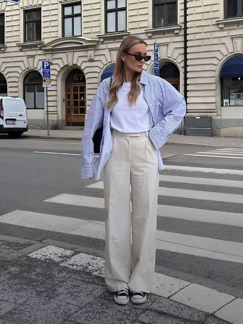 5 Best & Aesthetic Europe Travel Outfits Ideas Linen Trousers Outfit Spring, Causal Business Outfits For Women Summer, Beige Tailored Trousers Outfit, Cornflower Blue Pants Outfit, Linen Tailored Pants, Tailored Linen Pants Outfit, Beige Tailored Pants Outfit, Tailored Pants Outfit Summer, Light Trousers Outfit