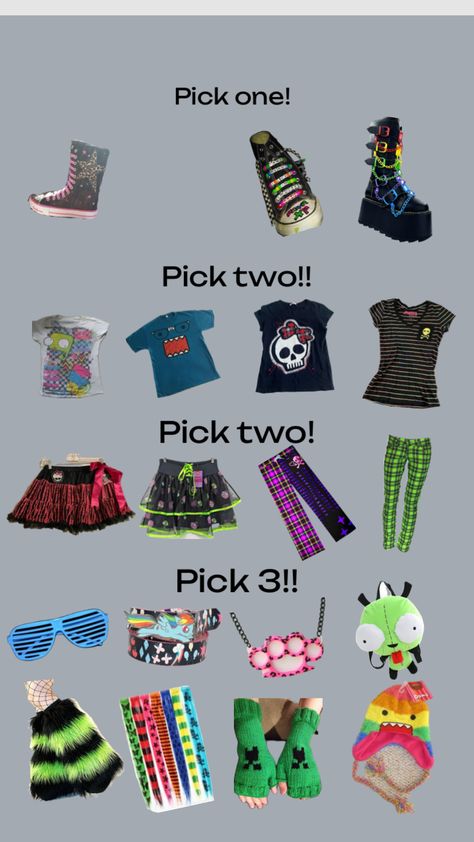 Choose a scene outfit! #scenekid #scenecore #outfits #outfit Scenekid Outfits, Scenecore Fashion, Scenecore Clothes, Scenecore Outfit, Scene Kandi, Outfit Shuffles, Alternative Fashion Outfits, Scene Aesthetic, Scene Core