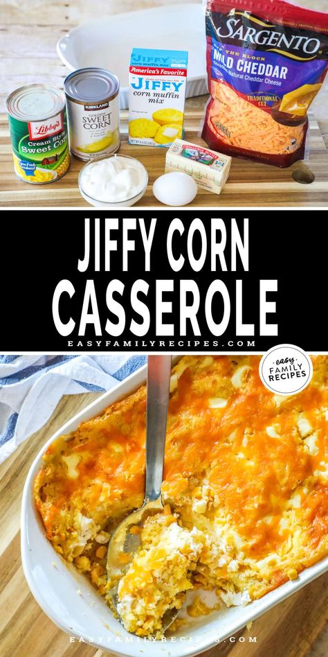 This Jiffy Corn Casserole is the BEST cheesy corn casserole recipe out there! It only has a few ingredients and takes minutes to make. The result is the most lusciously creamy, sweet corn filled casserole with savory cheese baked on top for the perfect corn pudding side dish. We love this casserole for thanksgiving, Christmas, Easter, and an easy side dish for grilling out. What makes this Jiffy Corn Casserole so special is the dollops of sour cream throughout the casserole adding flavor pops. Corn Casserole Recipe Jiffy, Cheesy Corn Casserole Recipe, Casserole For Thanksgiving, Creamy Sweet Corn, Homemade Buttermilk Cornbread, Baked Corn Casserole, Corn Pudding Casserole, Jiffy Recipes, Sweet Corn Casserole