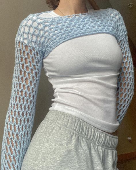 🩵 Crochet Bolero | Mesh Sleeves 🪼Order from links in bio #crochet #crochettop #crochetsleeves #bolero #mesh #shrug Crochet Sleeve Shrug, Crochet Mesh Shrug, Mesh Shrug, Bolero Crochet, Knit Bolero, Crochet Sleeves, Bolero Shrug, Crochet Bolero, Crochet Shrug