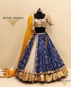 White Blue Bandhani Mirror Work Lehenga. #Frugal2Fab Bandhani Lehenga, Garba Dress, Mirror Work Lehenga, Choli Dress, Navratri Dress, Bandhani Dress, Indian Lehenga Choli, Indian Outfits Lehenga, Lehnga Dress