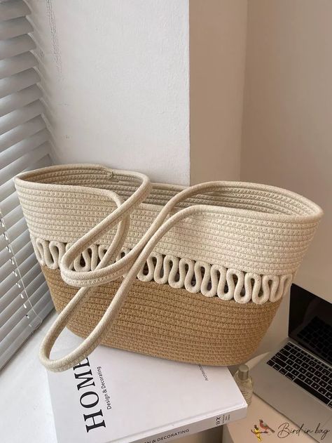 BirdinBag - Stylish Snap-Closure Crochet Bag for Minimalist Fashionistas Women Tote Bags, Colorblock Crochet, Sac Tote Bag, Vacation Bag, Straw Beach Bag, Straw Tote Bag, Rope Bag, Straw Tote, Knitting Kits