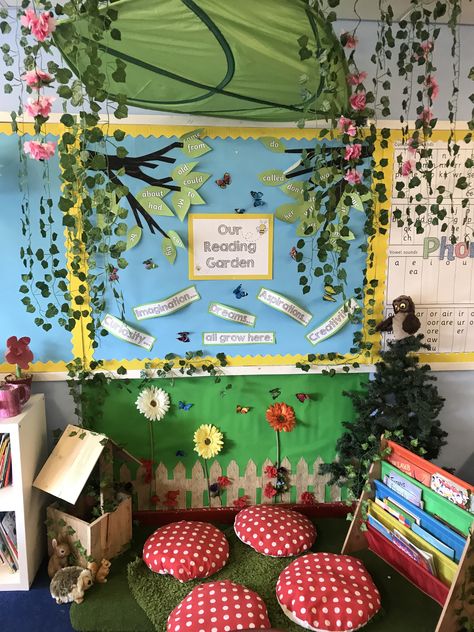 Garden Theme Classroom Ideas, Nursery Reading Corner Eyfs, Fairy Garden Theme Classroom, Pre K Classroom Nature Theme, Headstart Door Decorations, Reading Book Corner Classroom, Earth Theme Decoration, Classroom Theme Garden, Cute Classroom Library