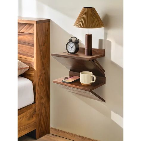 Ebern Designs Bisma Floating Nightstand 2 Piece Set, Z-Shape Walnut Wood Floating Bedside Tables for Bedroom | Wayfair Hanging Bedside Table, Floating Bedside Tables, Floating Bedside Shelf, Mounted Nightstand, Floating Nightstands, Floating Bedside Table, Bedroom Brown, Bedside Shelf, Nightstand Set Of 2