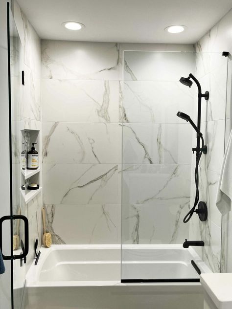 Bathtub Curtain Ideas, Tub Shower Combo Remodel, Glass Shower Tub, Bathroom Tub Shower Combo, Bathroom Redecorating, Bathtub Shower Combo, Bathroom Shower Doors, Shower Combo, Bathroom Tub Shower