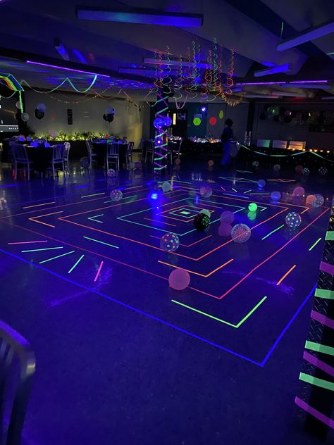 Glow Dance Floor, Glow In The Dark Homecoming Theme, Halloween Party Glow In The Dark, Glow Stick Dance Party, 5th Grade Dance Themes, Glow In The Dark Themed Party, Neon Hoco Theme, Glow In The Dark Prom Theme, Middle School Dance Themes Ideas