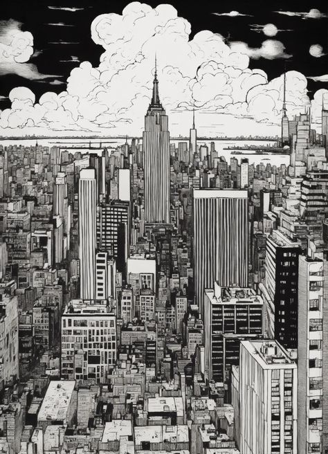 Chaotic stunning New York City, skyline, illustrated by hergé, style of tin tin comics, pen and ink. vintage 90's anime style, black and white. City Scape Sketch, Skyscraper Drawing, City Scape Drawing, New York City Sketch, City Scape Art, New York City Scape, City Skyline Drawing, Gotham City Skyline, New York Illustration