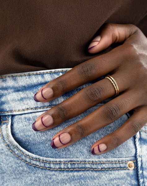 Oo la la! Get modern with your French tips with this minimal nail art, using Insta- Dri in Zip Wine. Minimal Color Nails, Easy Cool Nail Art, September Nails French Tip, Nail Art Reverse French, Modern Minimalist Nails, Biab Nails 2024, Manicure French Ideas, Minimal Manicure Design, Reverse French Manicure Half Moons