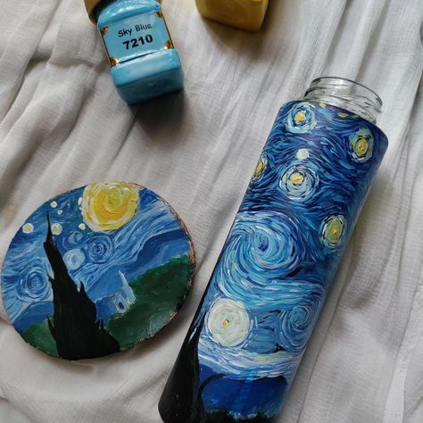 Starry nights by Van Gogh ✨ Mesmerizing, isn't it? 🥹 I've used @flashpaints_official to paint smoothly on this surface❤️‍🩹 [Acrylic painting, bottle painting, bottle art, artwork, bottle diy, diy, acrylic diy, craft, craft work, starry nights, van gogh, starry night, aesthetic, aesthetic bottle, bottle art] Tags 🔖 #artists_land_ #flashvibgyorvista #flashpaint #bottleartwithflash #bottleart #diy #diycrafts #diyhomedecor #decor #decorhome #homedecor #diydecor #aesthetic Van Gogh Starry Night Aesthetic, Aesthetic Bottle Painting, Starry Night Aesthetic, Aesthetic Bottle, Water Bottle Art, Acrylic Diy, Starry Night Painting, Bottle Diy, Craft Craft