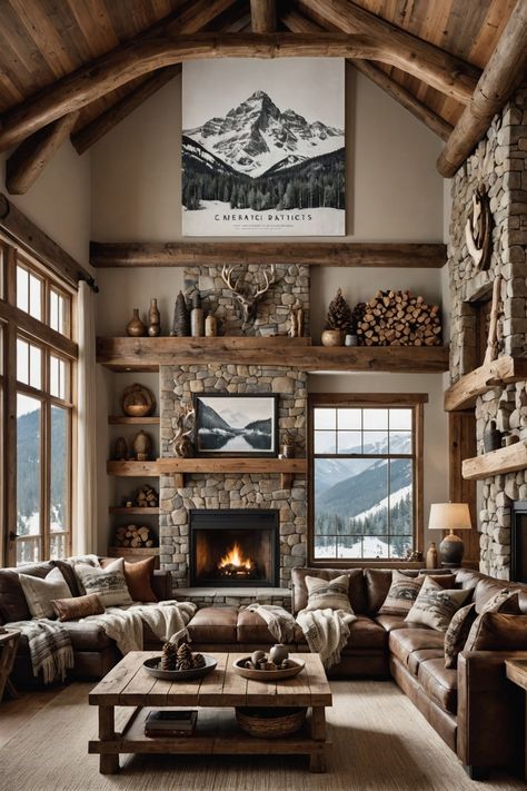 Mountain Home Living Room Ideas, Mountain Lodge Living Room, Modern Log Home Interiors, Rustic Mountain Homes Interior, Mountain Home Living Room, Luxury Cabin Interior, Western Interior Design, Mountain House Interior, Mountain Living Room