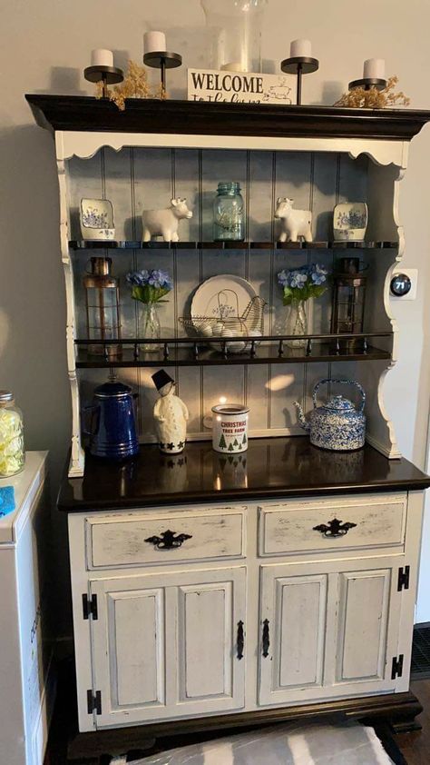 Shabby Chic Kitchen Hutch, Kitchen Hutch Ideas Farmhouse Style, Country China Cabinet Farmhouse Style, Refinished China Cabinet Farmhouse, Dining Hutch Decor, Hutch Decorations, Industrial Farmhouse China Cabinet, Refinished Hutch, Remodeling Furniture