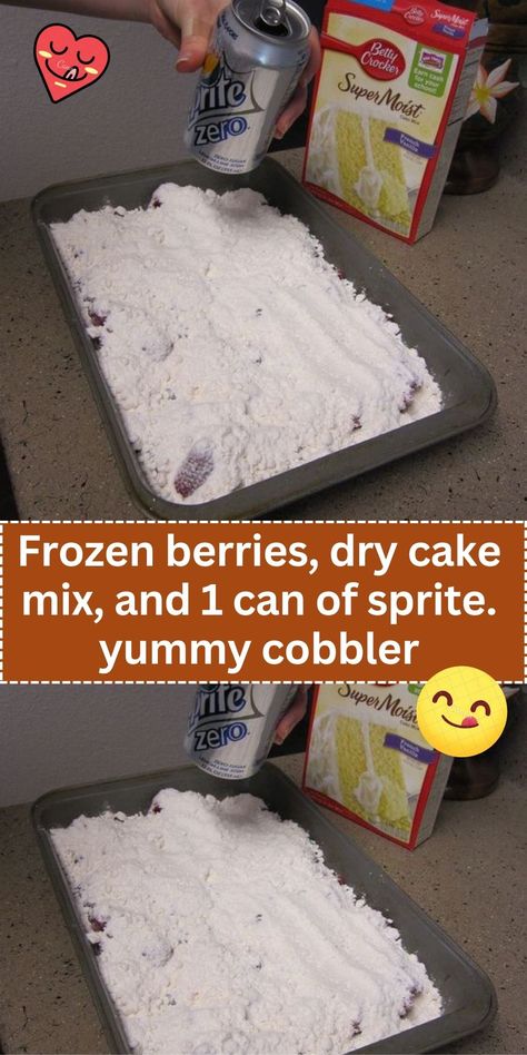 A simple, ingenious dessert using just three ingredients. Frozen berries are layered with dry cake mix, and a can of Sprite is poured over. Baked until the top is crispy and golden, it creates a delicious cobbler with minimal effort. Frozen Berry Recipes, Sprite Cake, Sprite Recipe, Mixed Berry Dessert, Sierra Mist, Fruit Cobbler Recipe, Diet Sprite, Cake Mix Cobbler, Cake Mix And Soda