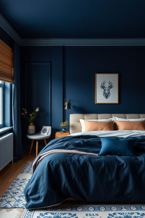 15 Ideas and Inspiration for Navy Blue Bedrooms – bedroomideas.fun Deep Navy Bedroom, Calming Primary Bedroom Ideas, Navy Blue Themed Bedroom, Blue On Blue Bedroom, Dark Navy Blue Bedroom, Blue Rooms Bedroom, Bedroom Dark Blue Walls, Dark Color Bedroom, Blue Primary Bedroom