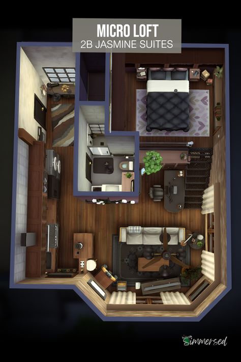 The floor plan for my Industrial Micro Loft. I only used half of 2B Jasmine Suites and used a platform to block the other section. 😀 #thesims4 #simsbuild #showusyourbuilds #sims4maxismatch #sims #ts4 #thesims4apartment #sims4floorplan #sims4industrialloft #sims4loft #sims4floorplan Sims 4 Bedroom Floor Plan, Sims 4 Loft Floor Plans, Sims Penthouse Floorplan, Sims Small Apartment Layout, Ts4 Apartment Plan, Tiny Living Sims 4 Layout, Sims 4 Industrial House Floor Plan, Sims 4 Loft House Floor Plans, Houses With Loft Floor Plans