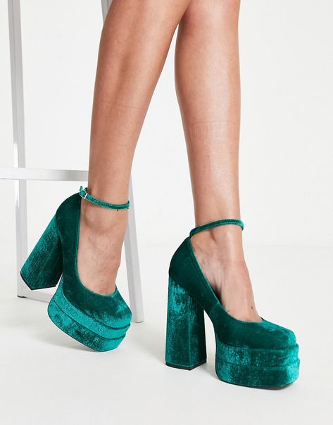 Shoes by ASOS DESIGN Dress from the feet up Adjustable ankle strap Round toe Platform sole High block heel Green Platform Heels, Velvet Trend, Platform Shoes Heels, Teal Velvet, Velvet Heels, Velvet Fashion, Mamma Mia, Design Dress, Closet Fashion