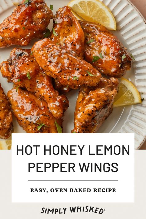 Move over buffalo, we've got a new chicken wing sauce in town. These hot honey lemon pepper chicken wings are baked until crispy and topped with a homemade hot honey sauce that takes these wings to the next level, adding a delightfully sweet and zesty kick to every bite. Honey Hot Lemon Pepper Sauce, Hot Lemon Pepper Wings Recipes, Hot Honey Recipe Chicken Wings, Honey Lemon Pepper Wings Air Fryer, Hot Lemon Pepper Sauce, Lemon Pepper Hot Wings Recipe, Lemon Pepper Wings Baked, Hot Honey Wings Recipes, Hot Honey Wing Sauce