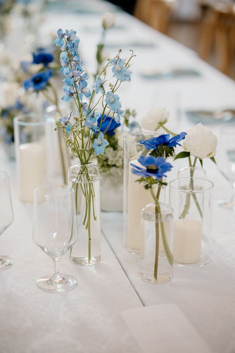 Simple Blue Hydrangea Centerpiece, Table Blue Decoration, White And Blue Flower Arrangements Simple Centerpieces, Blue Flower Bud Vase, Baby Shower Table Flowers, Dusty Blue Bud Vases, Blue Floral Centerpieces Simple, Wedding Decorations White And Blue, Blue Flower Table Decorations