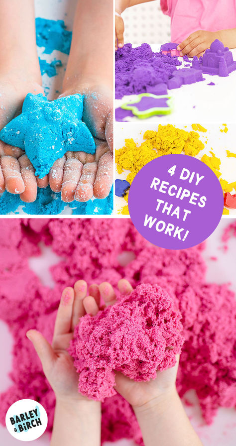 Our DIY moon sand molded into different shapes for a kids summer sensory play activity Diy Sensory Dough, Diy Sensory Sand, Moon Sand Diy, Sand Diy Crafts, Sensory Bin Recipes, Taste Safe Kinetic Sand Recipe, How To Make Magic Sand, Homemade Kinetic Sand Recipes, Edible Kinetic Sand Recipe