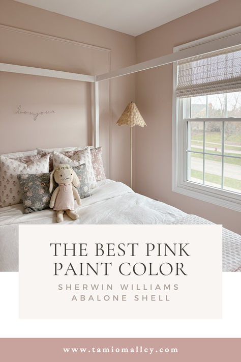 the best pink paint color, little girls room , 8 year old girls room,Girls bedroom ideas from an interior designer, Sherwin Williams Abalone Pink paint color, white canopy bed, rattan light, lillian august rattan lamp, full size canopy bed, block print quilt and pillow cases, picture frame moulding in girls room, bamboo bench from target Angelic Paint Color Sherwin Williams, Blush Pink Sherwin Williams Paint, Sherwin Williams Pressed Flower Bedroom, Light Rose Paint Color, Sw Abalone Shell, Sherwin Williams Rosebud, Possibly Pink Sherwin Williams, Light Dusty Pink Paint Color, Best Mauve Pink Paint Color