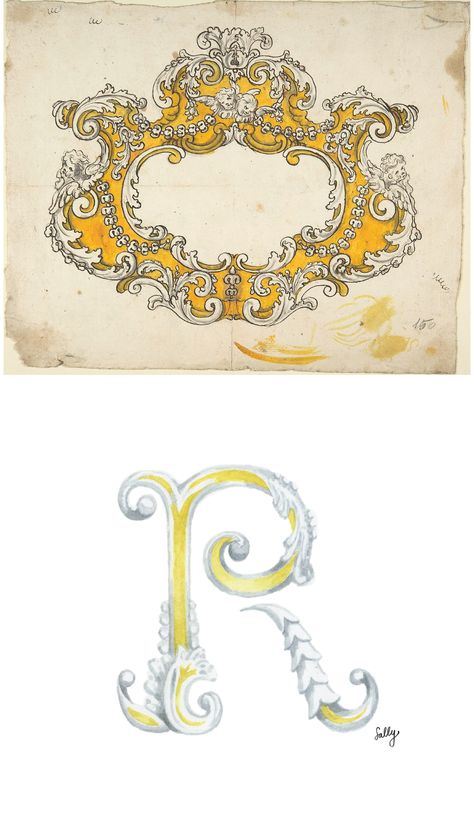 "R" from The Chinoiserie Alphabet, based on "Rococo Cartouche with Cherubs" in The Met collection. The Letter Nest by Sally King McBride. © Sally King McBride, 2019. Letter R, Ancient Greek, Rococo, Design Logo, Chinoiserie, Alphabet, Typography, Logo Design, Graphic Design