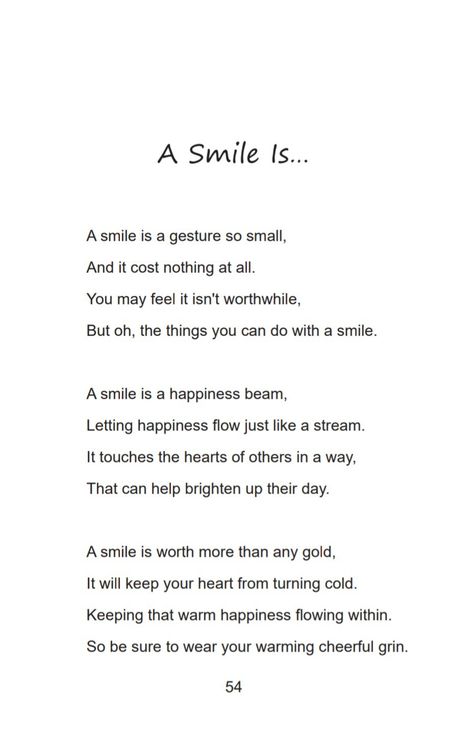 Happy poem / smile poem Poems With Rhymes, Feel Good Poems, Poems About Perfection, Poem On Books, Easy Poems, The Poem, Happiness Poem, Poem On Happiness, Deep Poem Lines