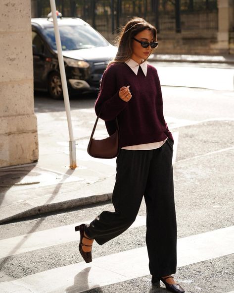 burgundy for fall | Instagram Burgundy Bag Outfit, Burgundy Sweater Outfit, Collared Shirt Outfits, Parisian Street Style, Business Casual Outfits Winter, Office Ootd, Fall Office Outfits, Sweet Disposition, Fall Outfits For Women