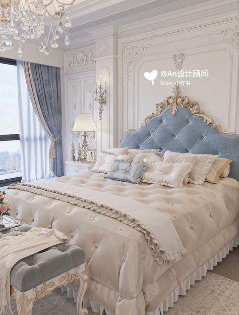 Versailles Themed Bedroom, Aesthetic Fancy Bedroom, European Palace Interior, Home Decor Ideas Elegant Classy, Fancy Blue Bedroom, Elegant Room Decor Bedroom Classy, White Royal Bedroom, Regal Bedroom Ideas, Royal Room Bedrooms