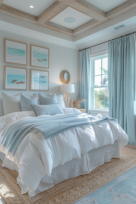 preppy costal bedroom, beachy bedroom, ocean inspired bedroom, summer bedroom Bedding White And Blue, Blanco By Nature, Cute Bedding Idea, Beach Modern Bedroom, White And Blue Bedding Ideas, Beachy Bed Sheets, Beach Bed Sheets, Beach Decor For Bedroom, Cute Coastal Bedroom